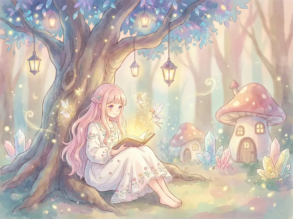 yuzhaiwu - 魔法森林中阅读故事书的粉发少女与精灵